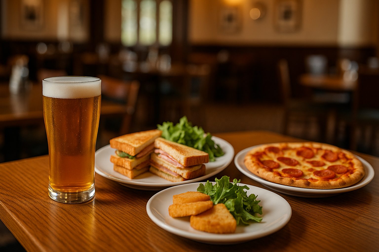 おすすめのドリンクと軽食: ゴルフクラブハウスのビールと軽食メニュー