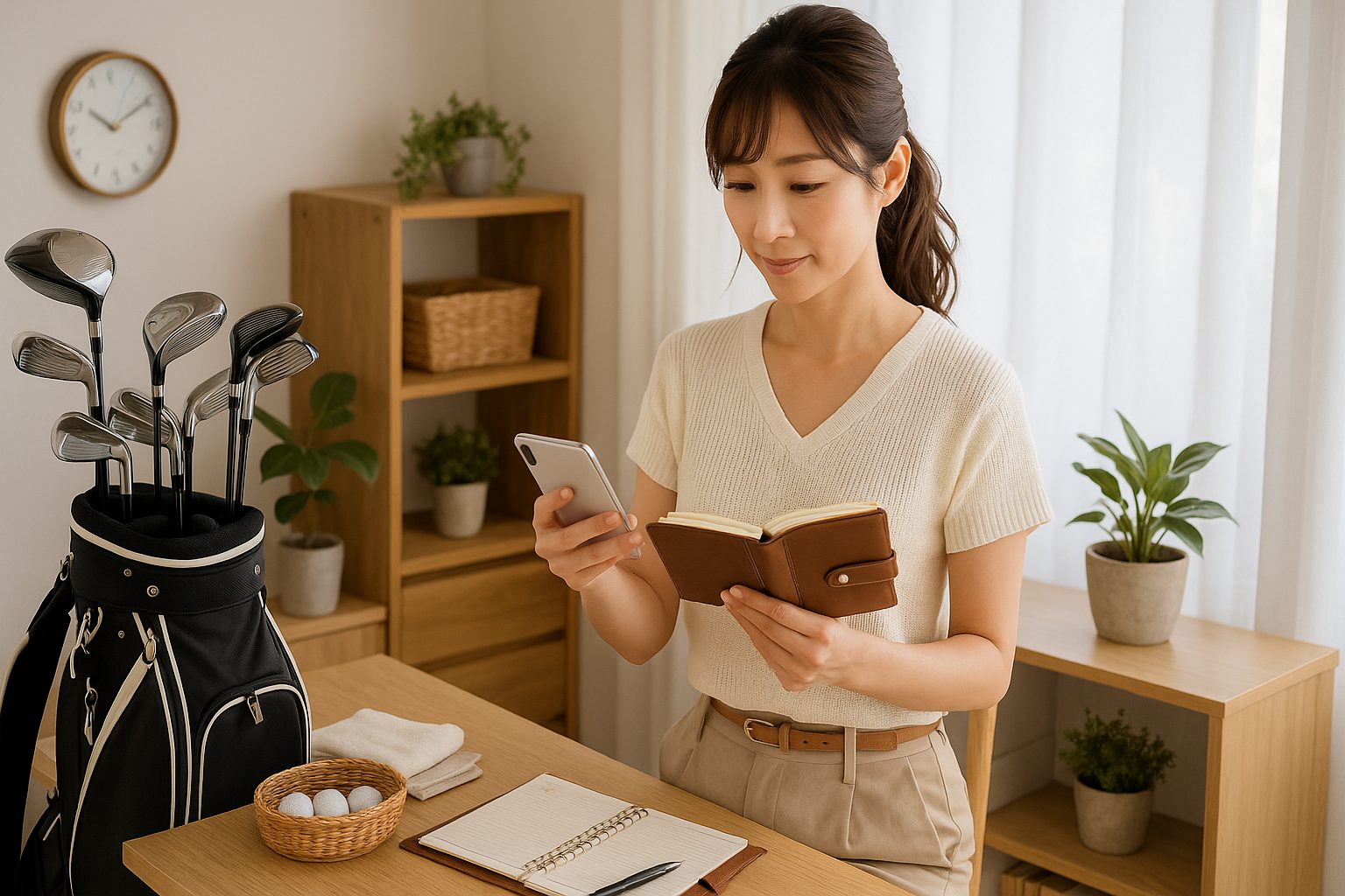 ゴルフ用品とプレー計画を準備する女性女性1人予約ゴルフで知っておきたい19番ホールの真実｜安全に楽しむための完全ガイド