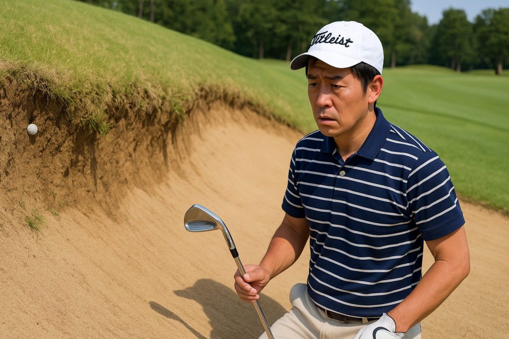 バンカーのあごにめり込んでいるゴルフボールと困っている日本人ゴルファー