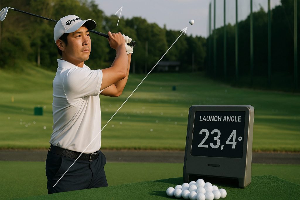 弾道測定器でドライバー打ち出し角度を測定する日本人ゴルファー