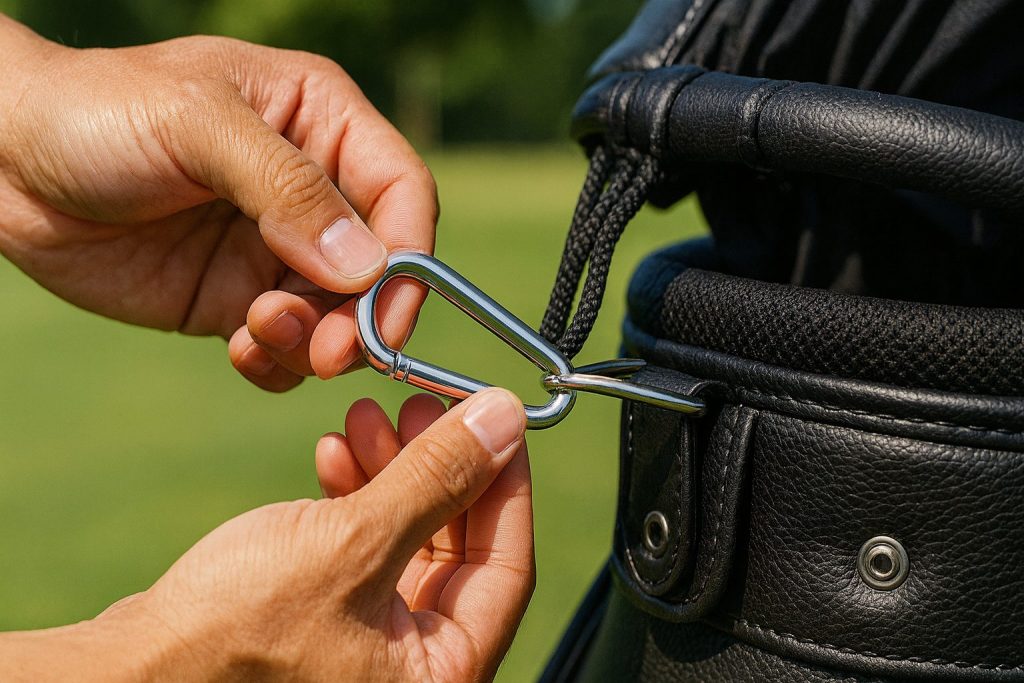 キャディバッグの金具にフックを取り付ける詳細を示した写真