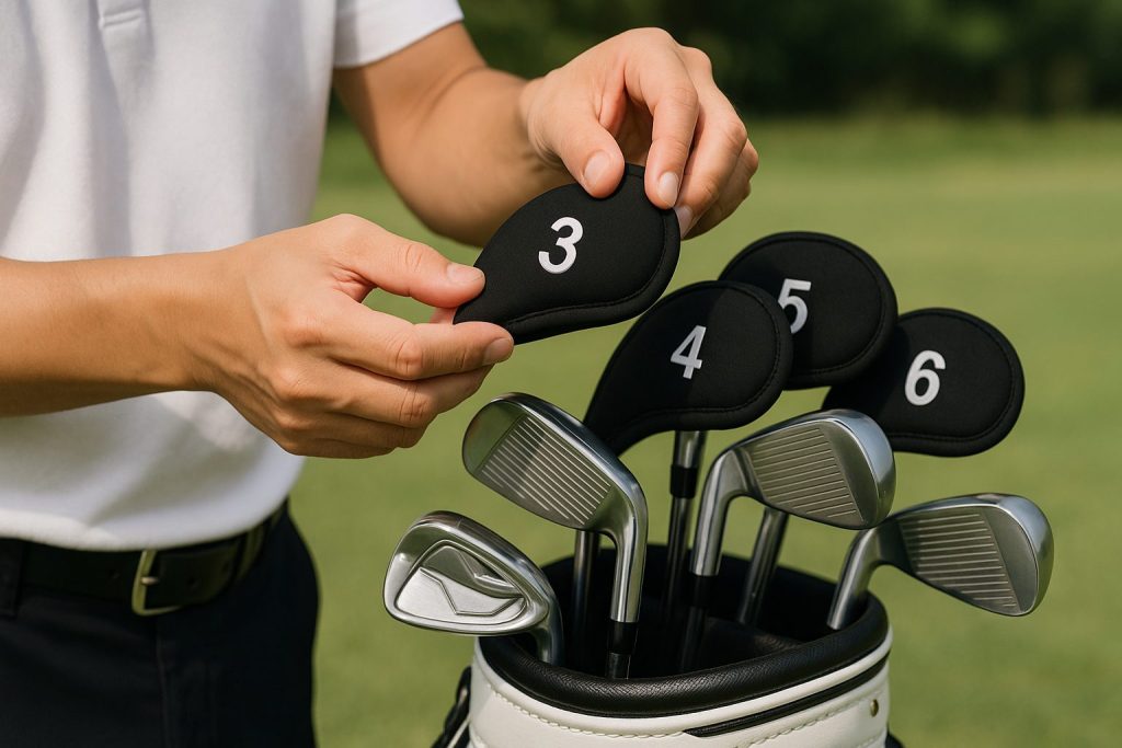 単品タイプのアイアンカバーを1本ずつ装着する様子を撮影した写真