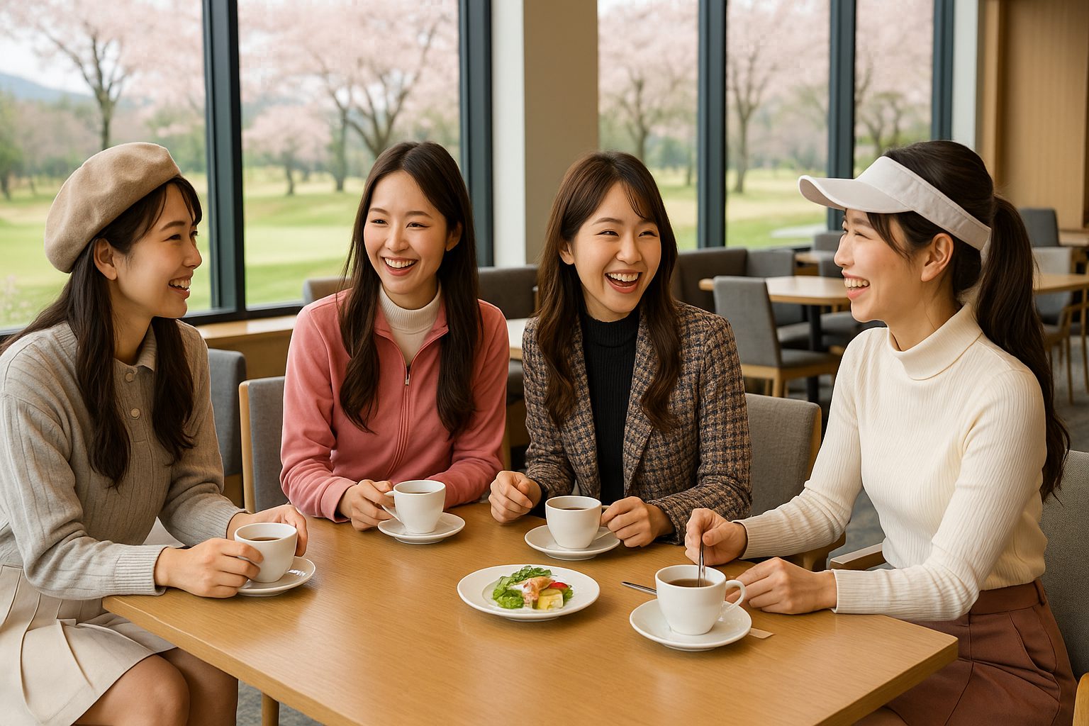 ゴルフ場のクラブハウス内レストランでの健全な19番ホール風景