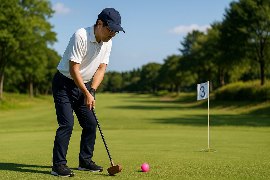 グランドゴルフの上手な打ち方をマスターする50代の日本人男性