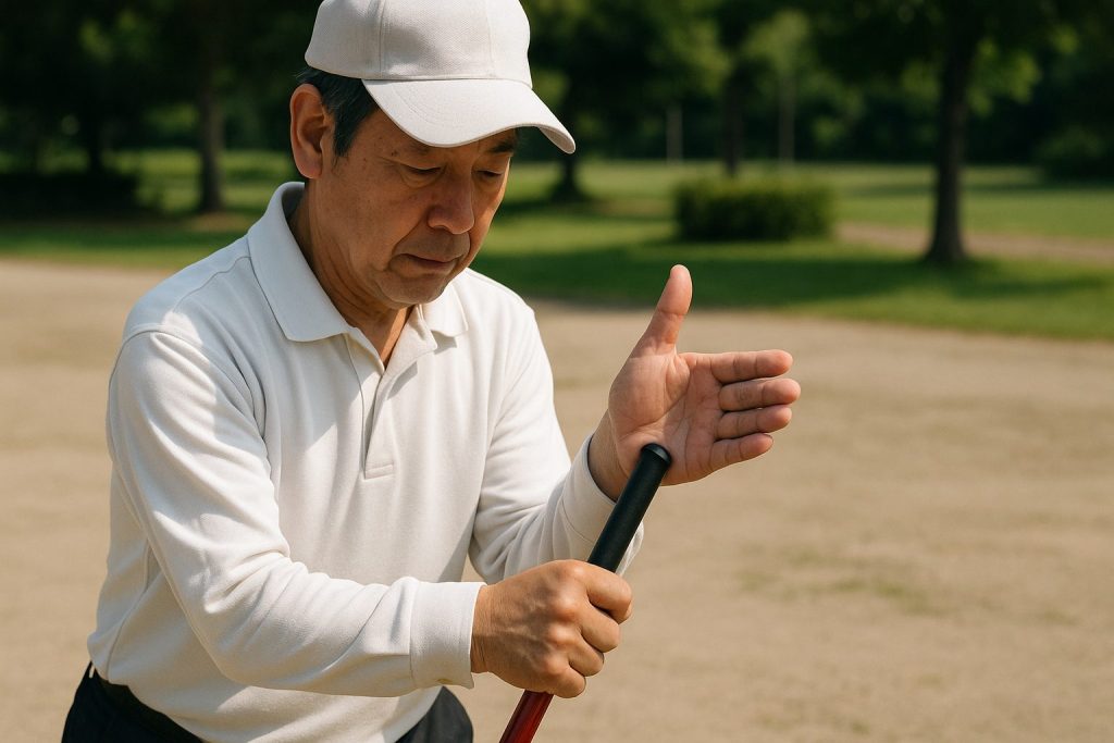 グラウンドゴルフの正しい右手の握り方を実演する日本人男性