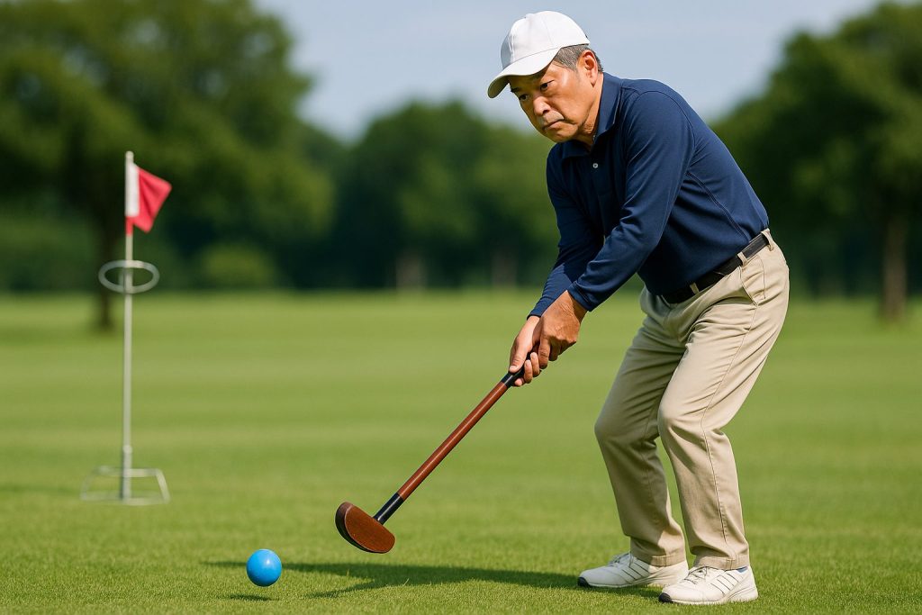 グラウンドゴルフでまっすぐ打つ方法を実践する60代男性プレイヤー