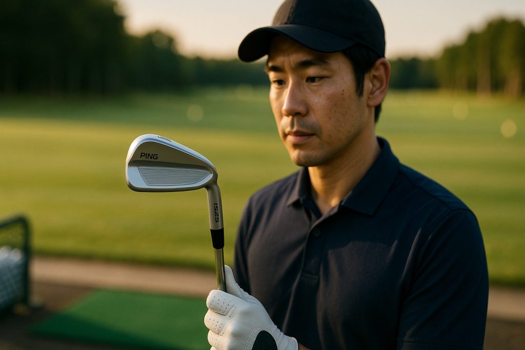 PINGのi525アイアンを手に持つ日本人ゴルファーと練習場での一コマ
