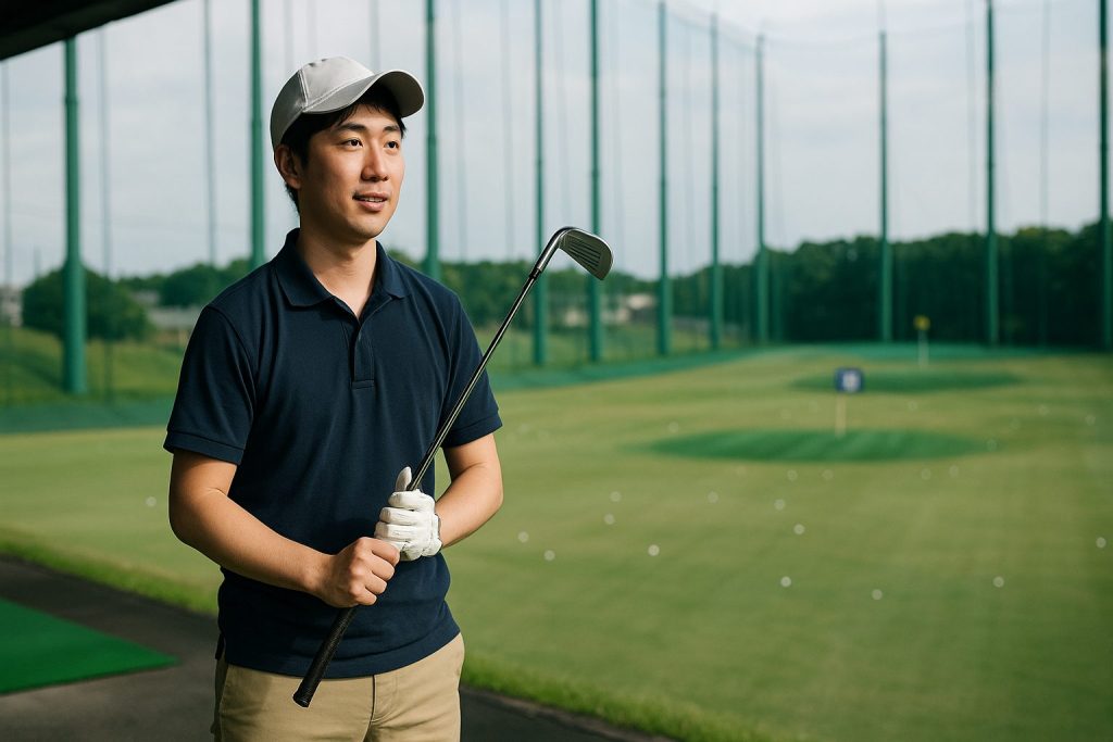 ゴルフ練習場で7番アイアンを持つ初心者の日本人男性
