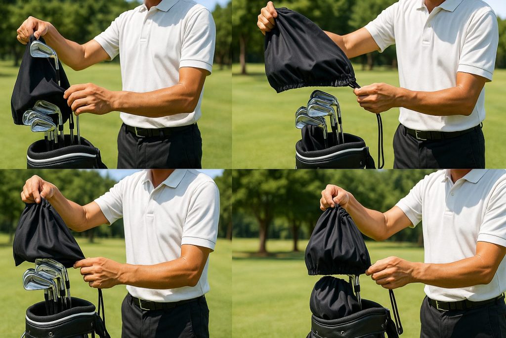 オールインワンタイプのアイアンカバー装着手順を段階的に示した写真