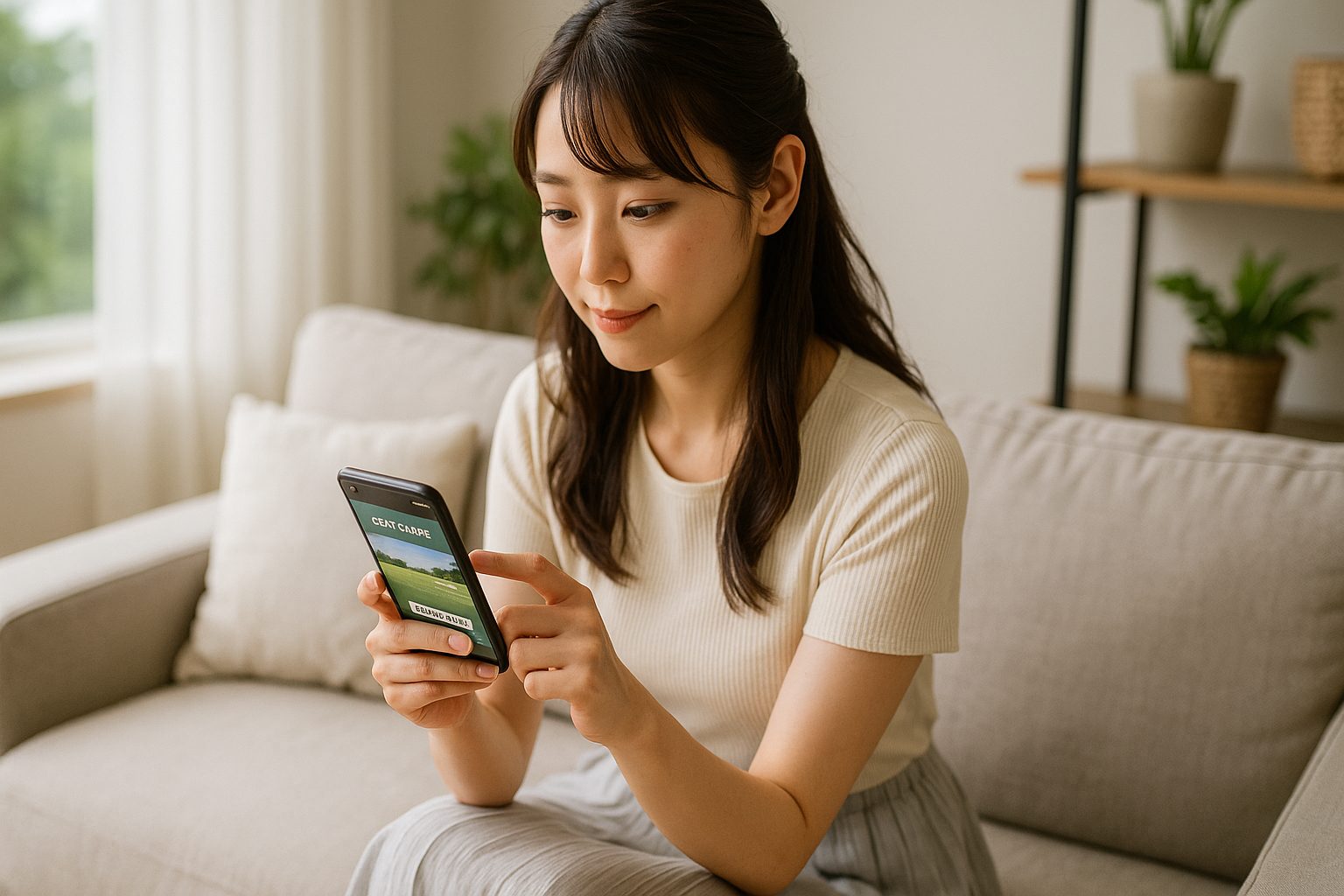 スマートフォンでゴルフ予約サイトを確認する女性