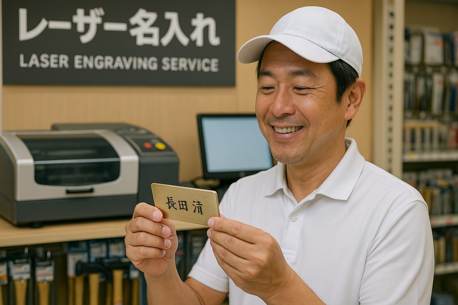 ホームセンターでのネームプレート刻印サービスを利用する日本人ゴルファー