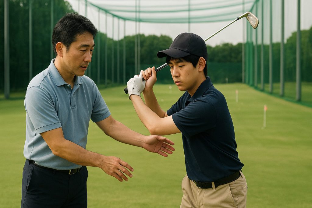 ハーフスイングで基本練習をする初心者の様子