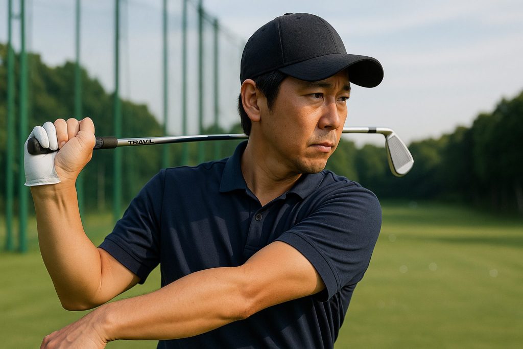 トラヴィルシャフトを装着したアイアンクラブで練習する日本人ゴルファー