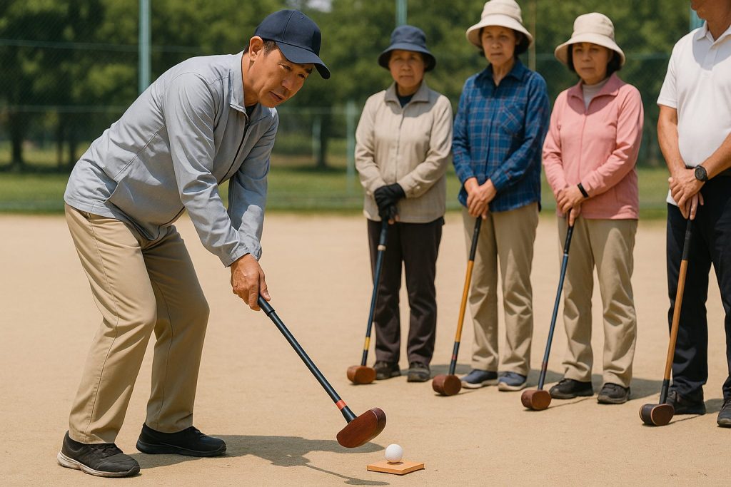 グランドゴルフの基本的な打ち方を説明する日本人インストラクターの指導風景