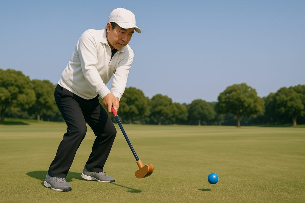 グランドゴルフで50mショットを打つ日本人男性の力強く正確なフォーム