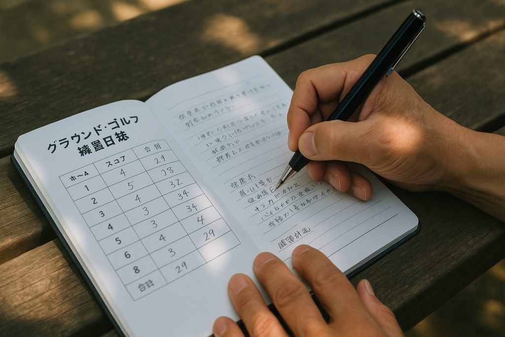 グランドゴルフの練習記録をつける日本人の手元と記録ノート