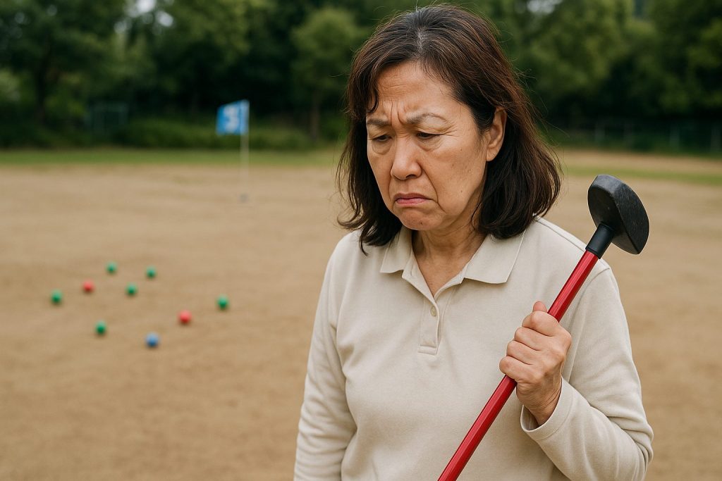 グランドゴルフで飛距離に悩む日本人女性の困った表情と不安な気持ち