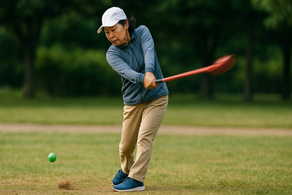  グランドゴルフのスイング中の体重移動を実演する日本人女性の動的な動き