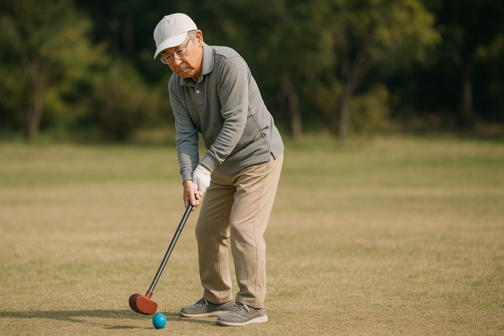 身体に配慮したグランドゴルフのスイングを行う日本人男性