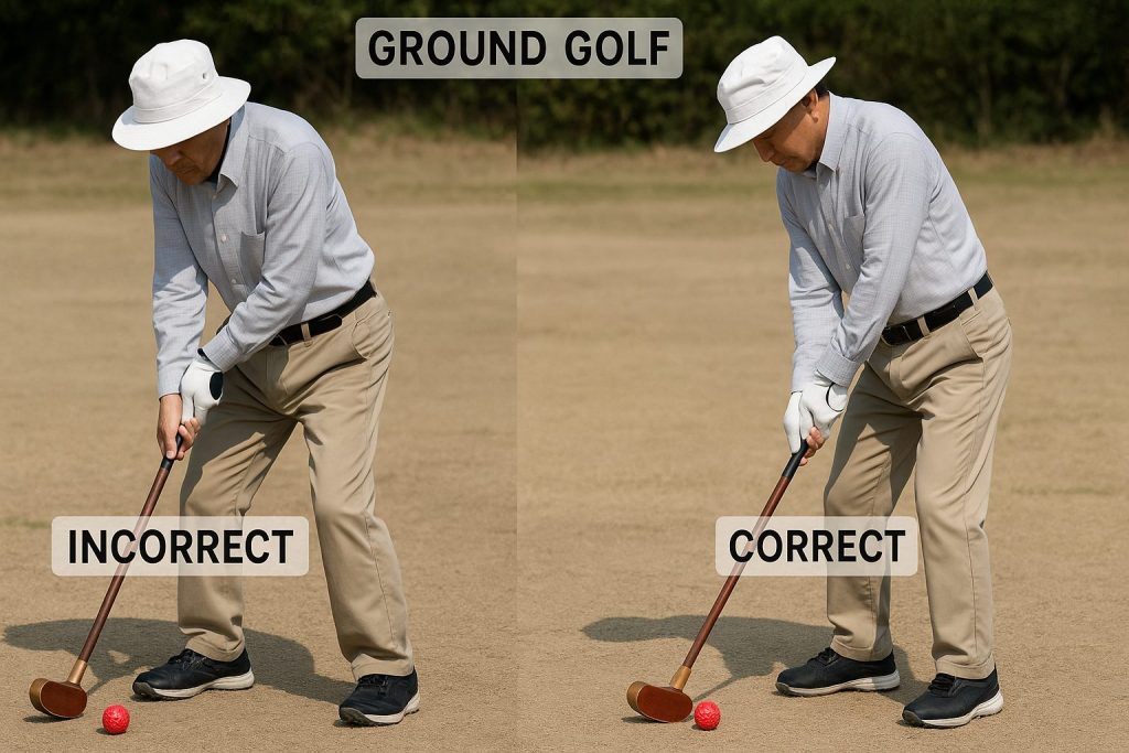 グランドゴルフの失敗例と改善後の成功例を対比するプレイヤーの練習風景