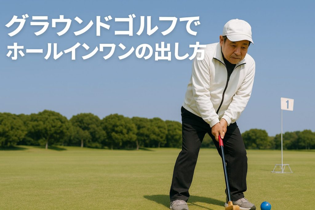 グラウンドゴルフでホールインワンを狙う瞬間の集中した表情