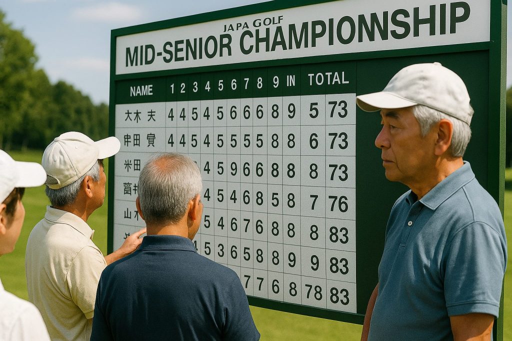 日本ゴルフ協会主催のミッドシニア大会の様子、スコアボードと選手たち