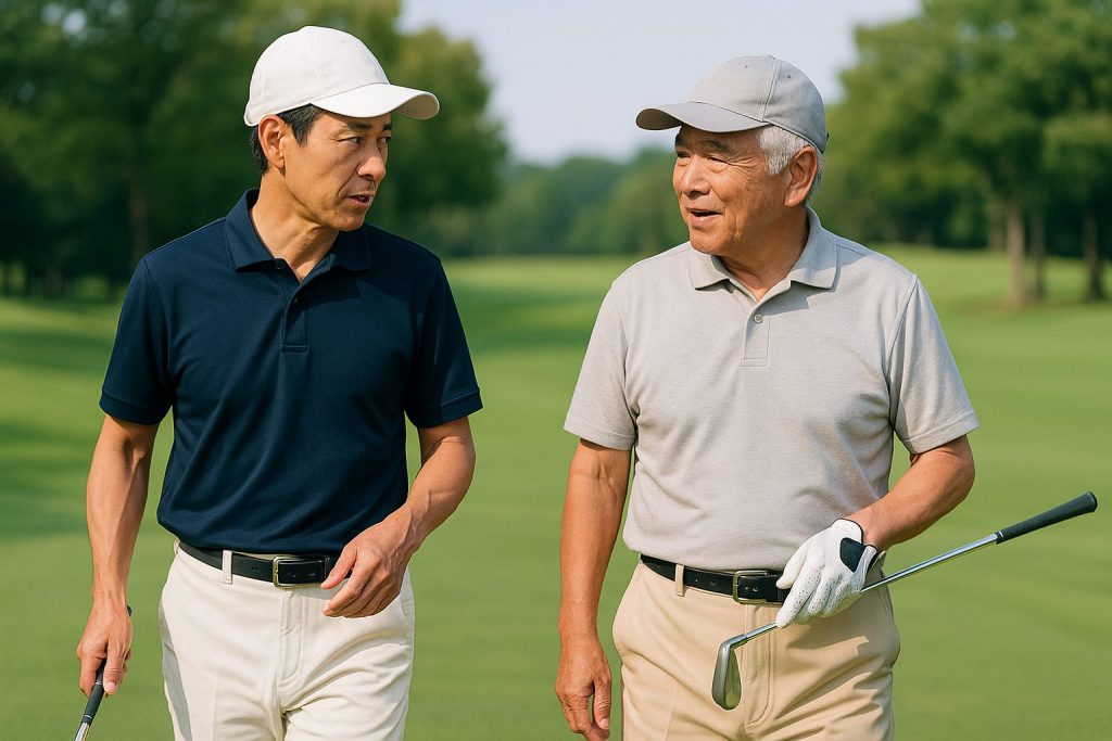 55歳のシニアゴルファーと65歳のミッドシニアゴルファーが並んでプレーする様子