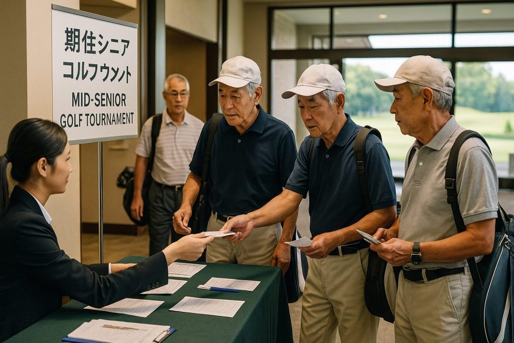 ミッドシニア大会の受付風景、参加者たちが集まる様子