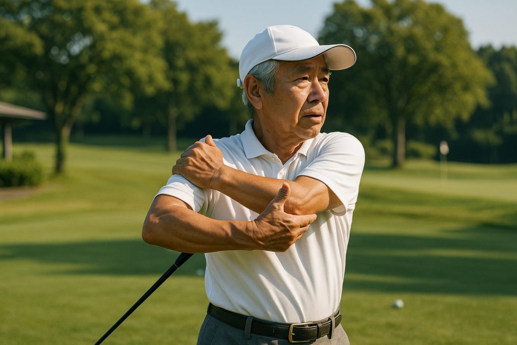 ラウンド前にストレッチをする65歳ゴルファー、健康管理の重要性