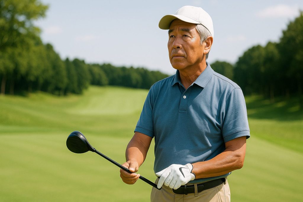 ゴルフ場で考え込むような表情の60代ゴルファー、飛距離計測器を見つめる様子