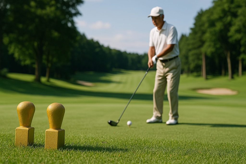 シニアティー(ゴールドティー)マーカーのクローズアップと背景にゴルファー