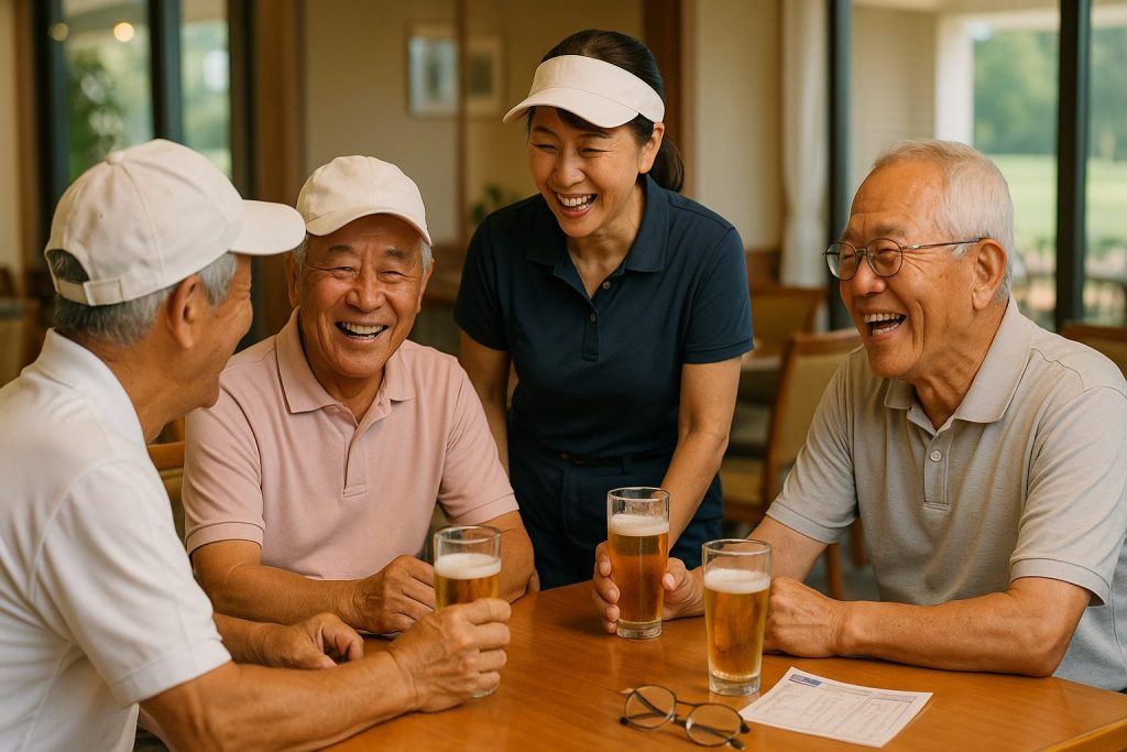 ラウンド後のクラブハウスで談笑する65歳以上のゴルファーたち