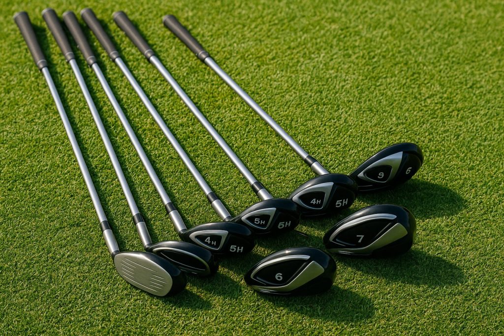 ミッドシニア向けのゴルフクラブセット、ユーティリティやフェアウェイウッドが並ぶ