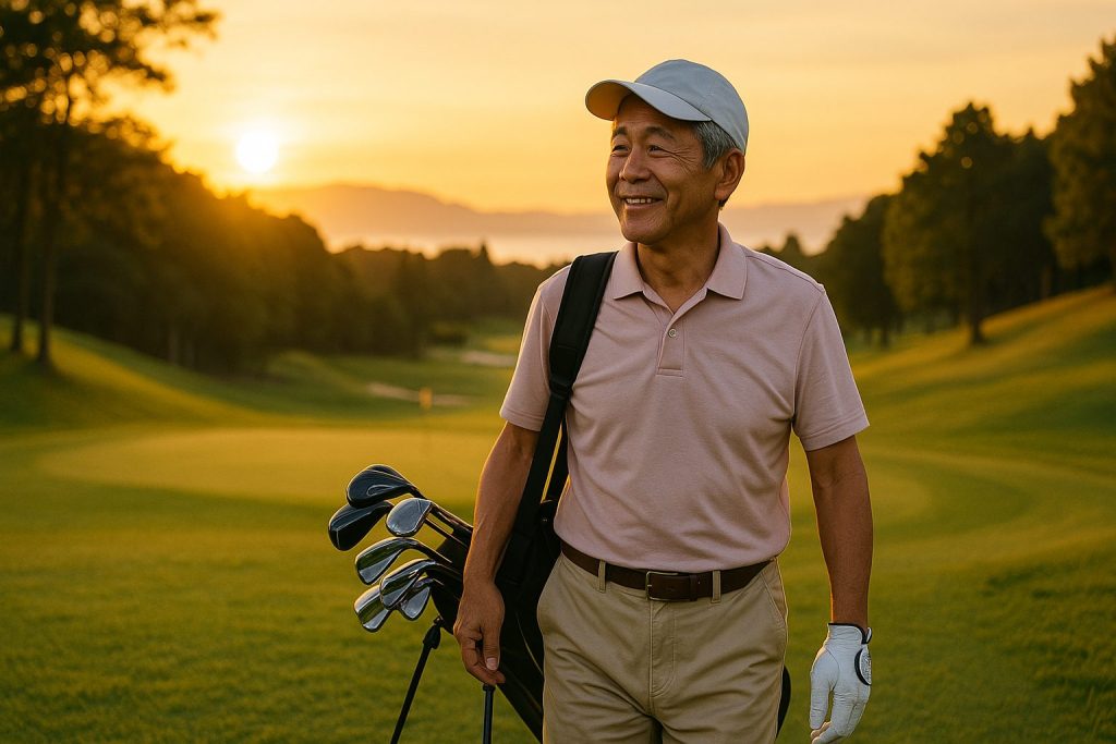 美しい夕景の中、満足げな表情でグリーンを歩く65歳ゴルファー