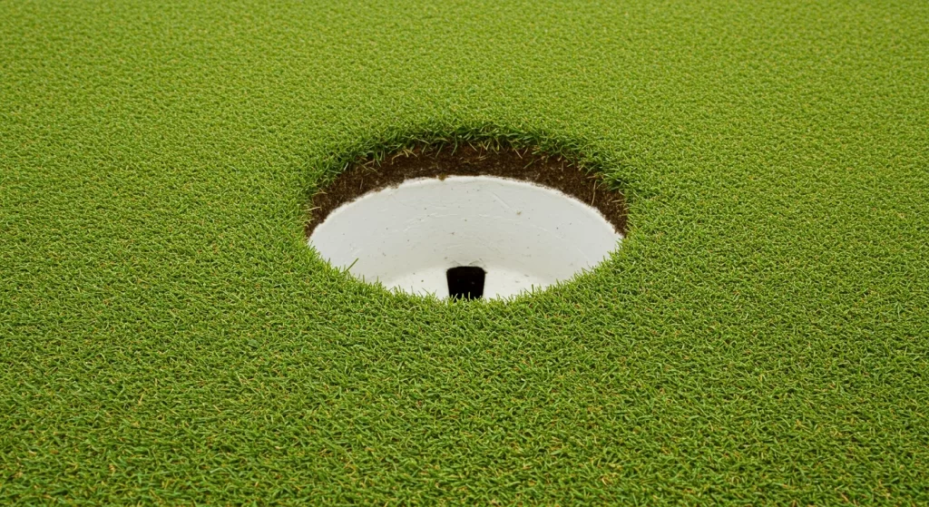 カップの縁から芝目を読む様子