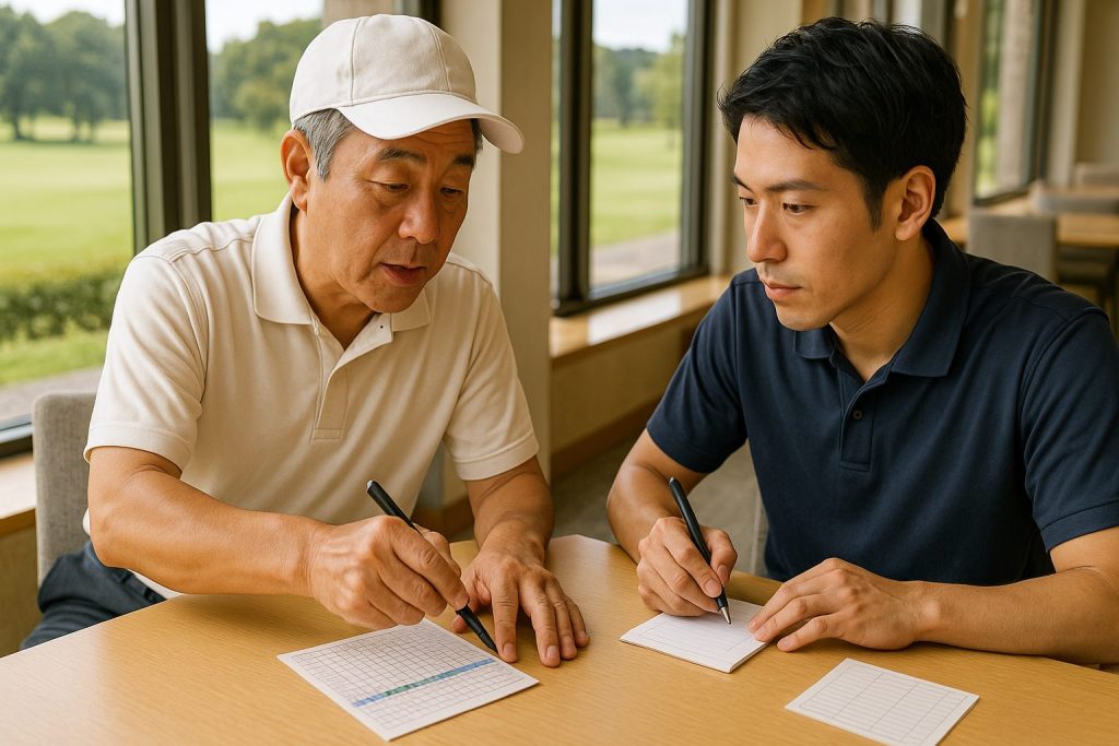 ゴルフ場のクラブハウスで、先輩ゴルファーが初心者にラスベガスのルールを説明している様子