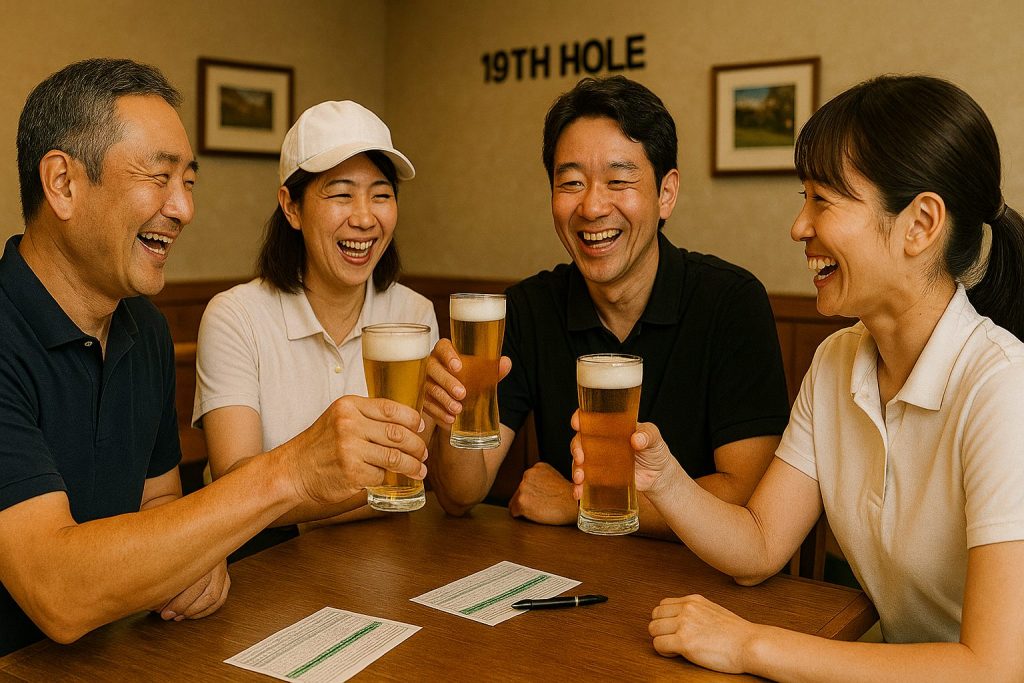 19番ホールで笑顔でスコアを振り返る日本人ゴルファーたち。ビールを片手に盛り上がる