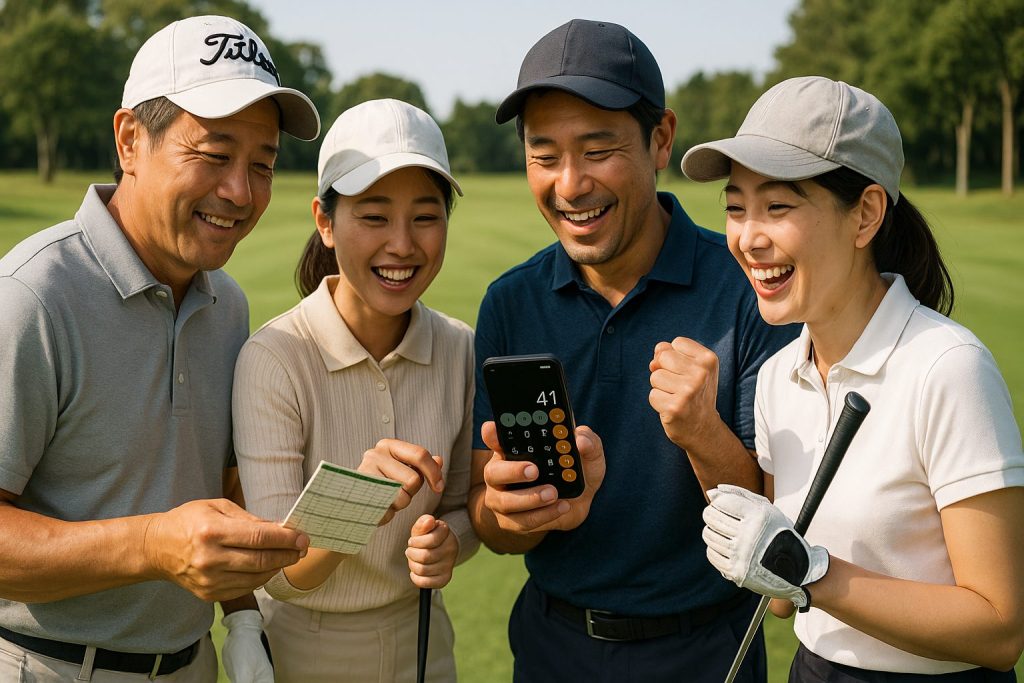 ゴルフ場で楽しくラウンドする4人の日本人ゴルファー。スコアカードと電卓を囲んで盛り上がる様子