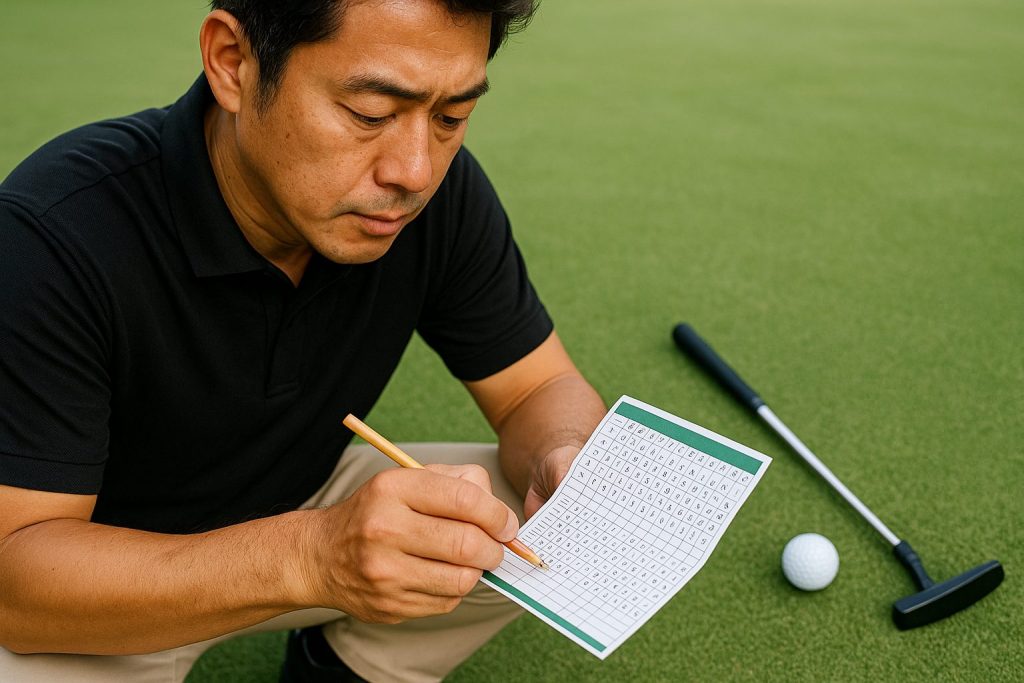リーン上でスコアを記録する日本人ゴルファー。スコアカードに数字を書き込んでいる