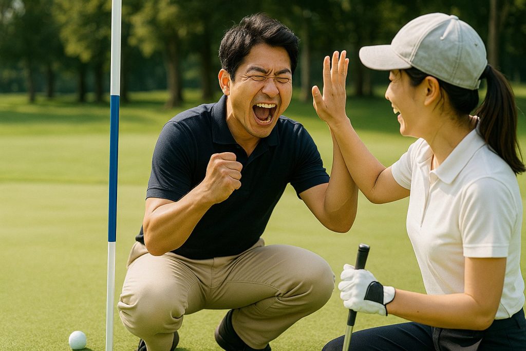 バーディーパットを沈めて喜ぶ日本人ゴルファー。チームメイトとハイタッチする瞬間