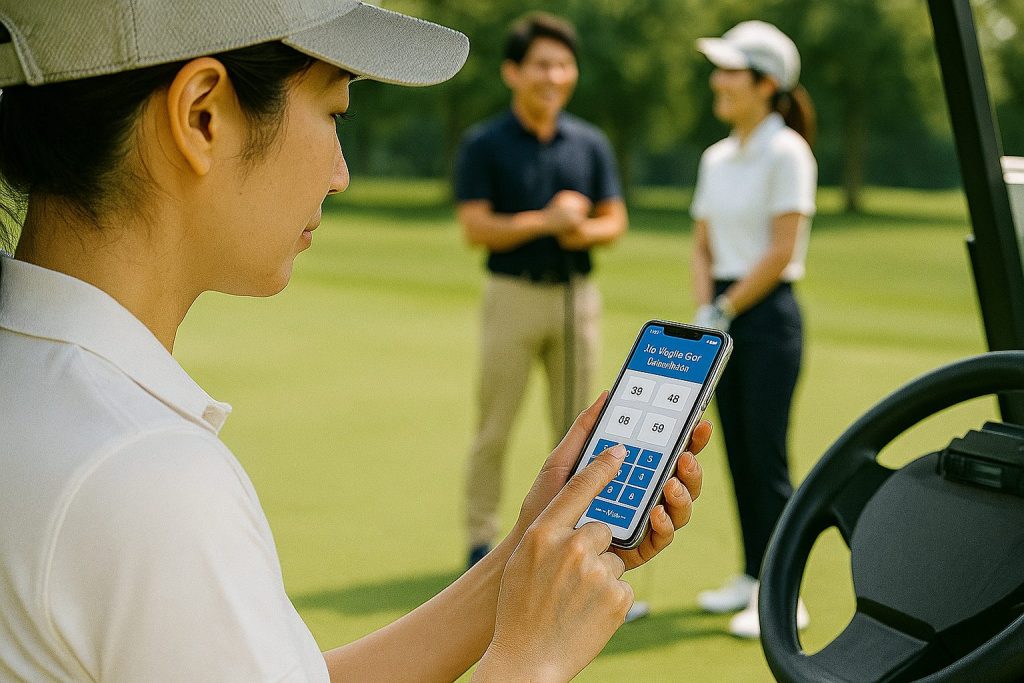 スマートフォンでラスベガス計算アプリを使用する日本人ゴルファー。画面にはスコア入力画面