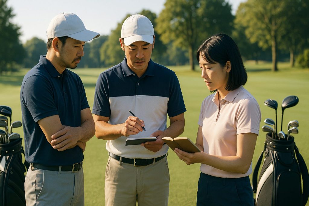 3人の日本人ゴルファーがティーグラウンドで、ルールについて相談している様子