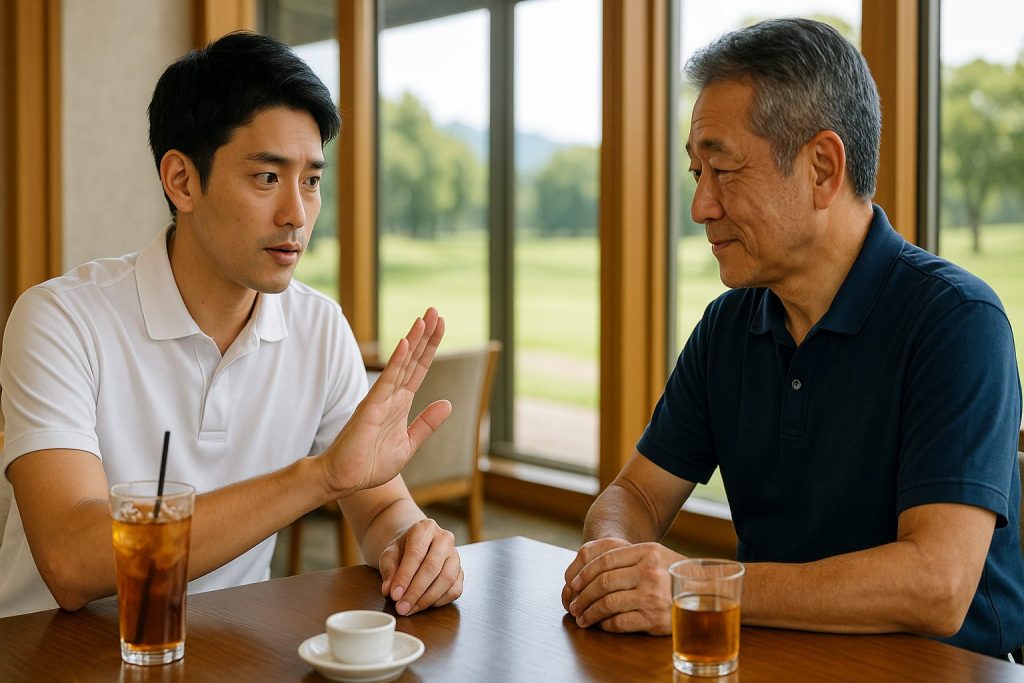 丁寧に断る若い日本人ゴルファーと、理解を示す先輩ゴルファー。ゴルフ場のレストランで