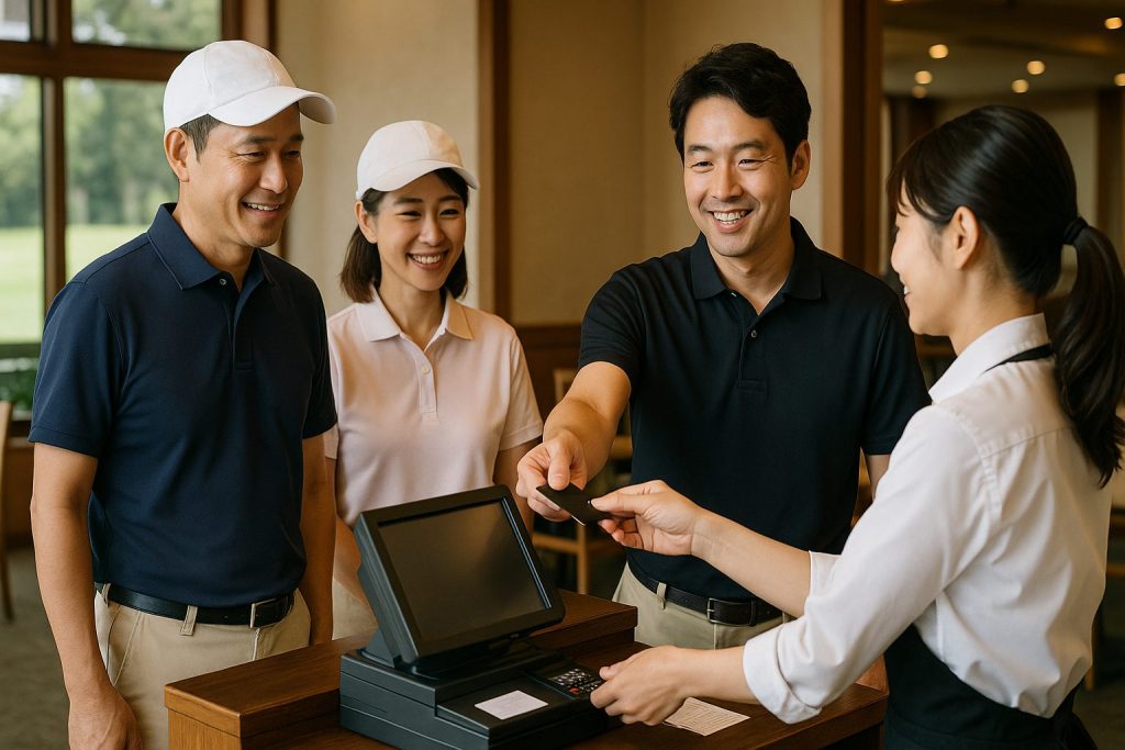 ゴルフ場で現金ではなく食事代で精算する日本人ゴルファーたち。レストランのレジで