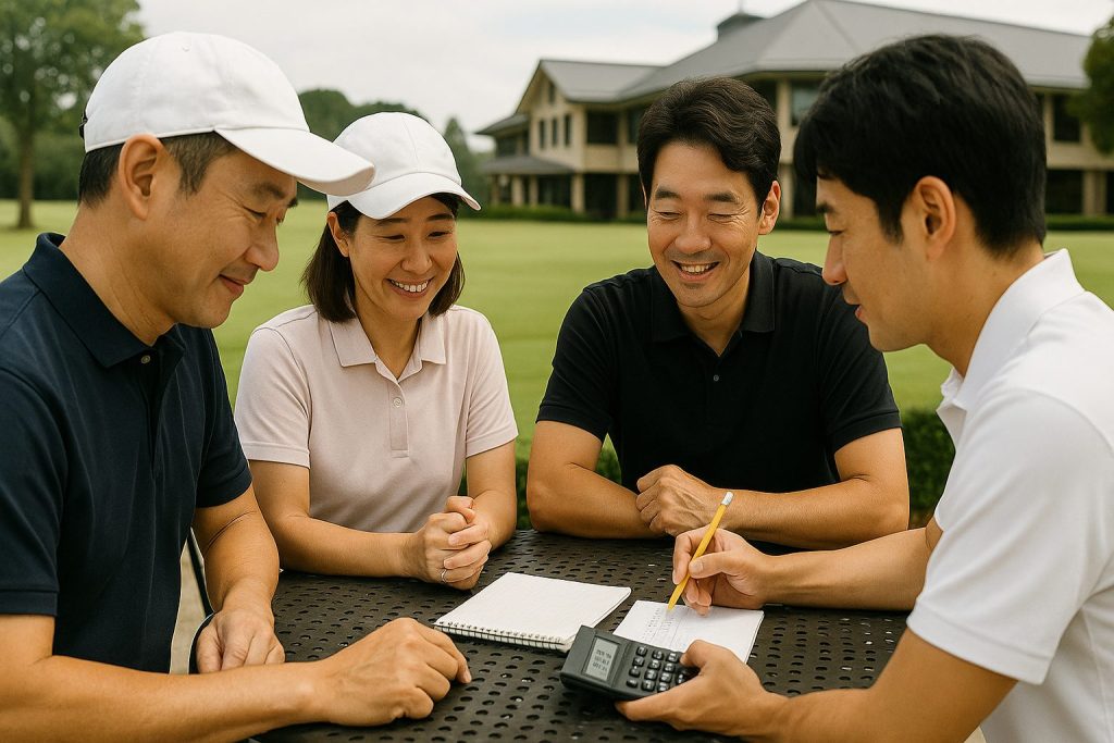 電卓とメモを使ってレート計算をする日本人ゴルファーたち。スタート前のミーティング