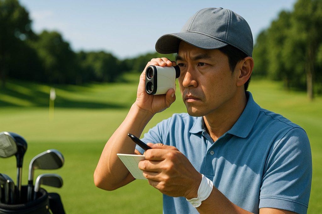 戦略的にショットを選択する真剣な表情の日本人ゴルファー。フェアウェイで距離を測定中