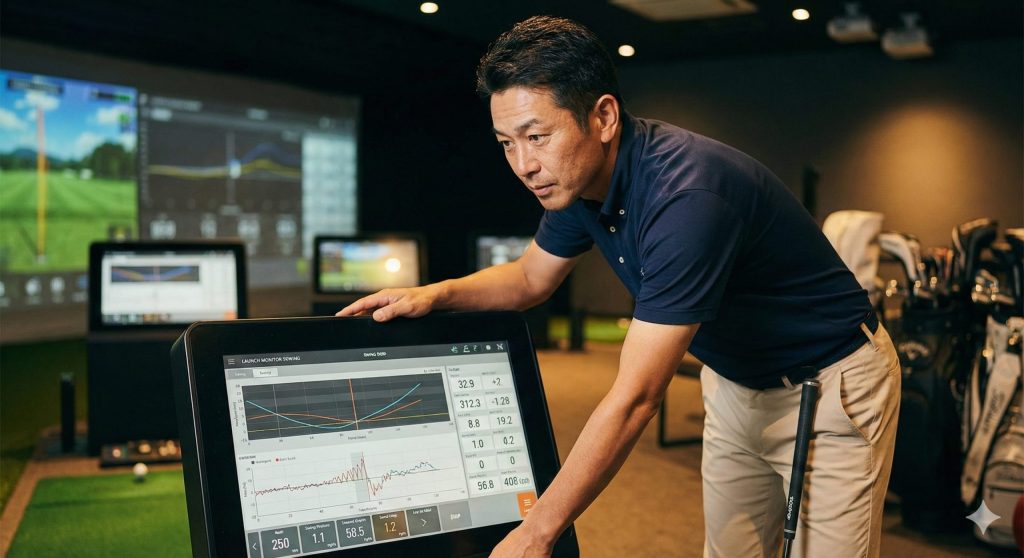 インドアゴルフ練習場で弾道測定器のデータを確認する日本人男性