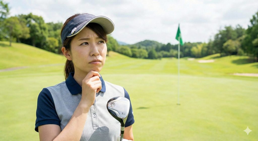 3番ユーティリティを持ってフェアウェイで飛距離に悩む日本人女性