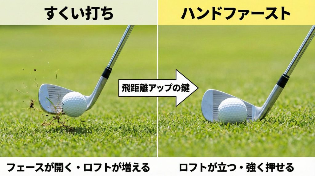 ルフのインパクト瞬間比較：すくい打ちとハンドファーストの違い