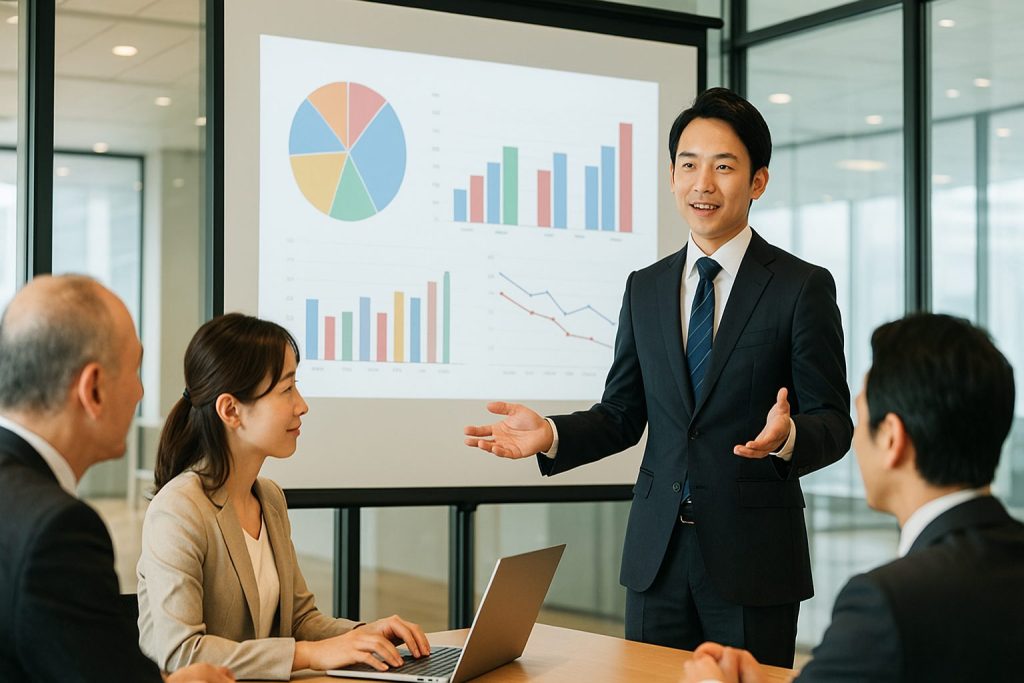 自信を持ってプレゼンする若手営業マン